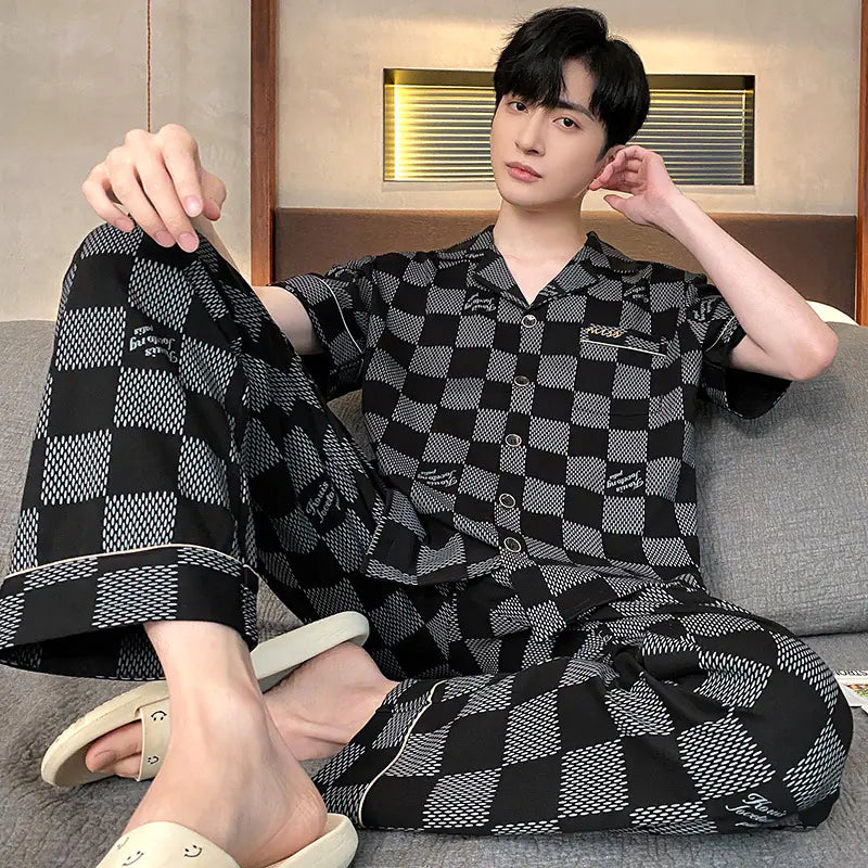 Men's Short Sleeve Pajama Set with Long Pants