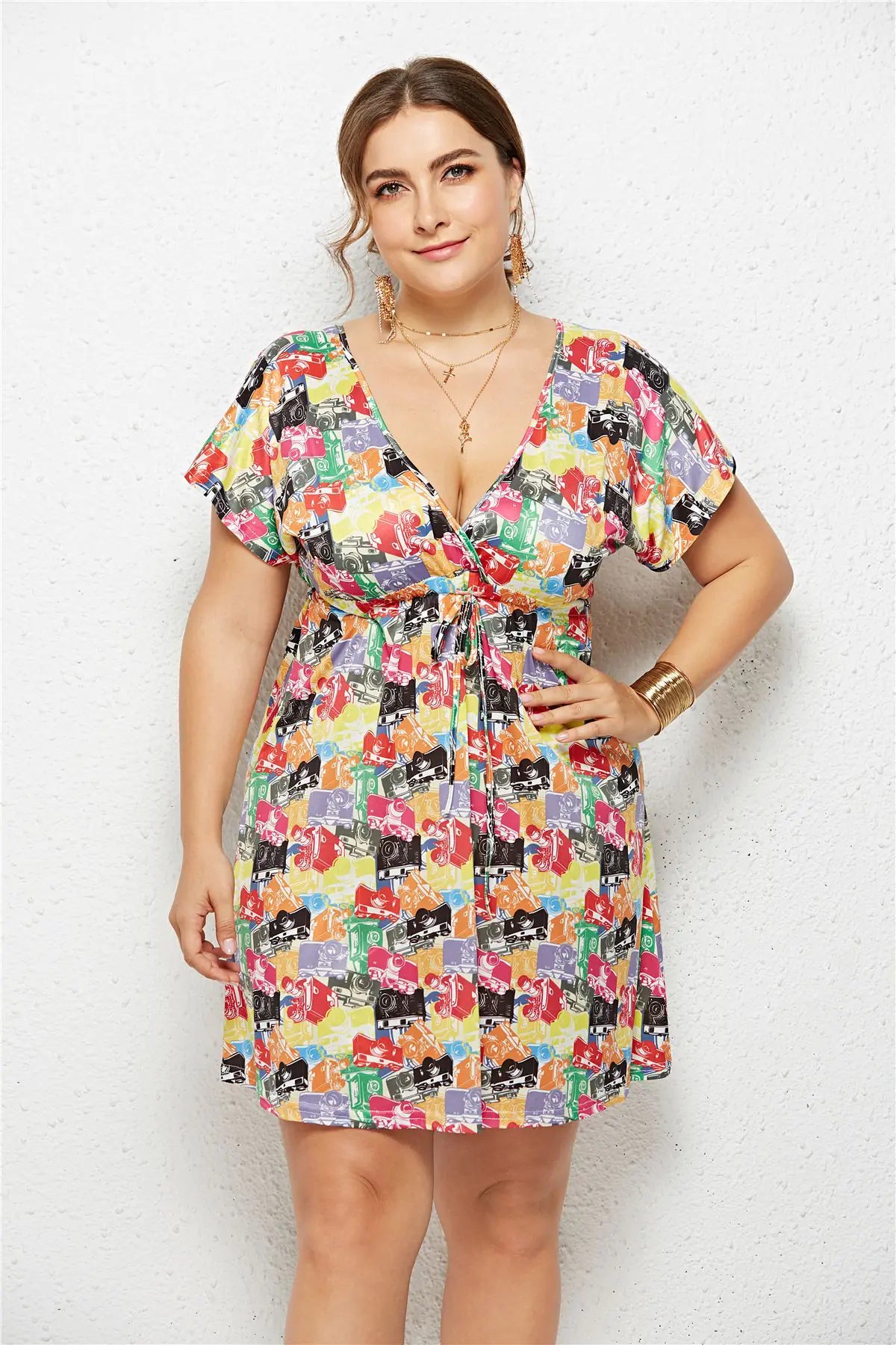 Printed Deep V-Neck Dress with Elastic Waist