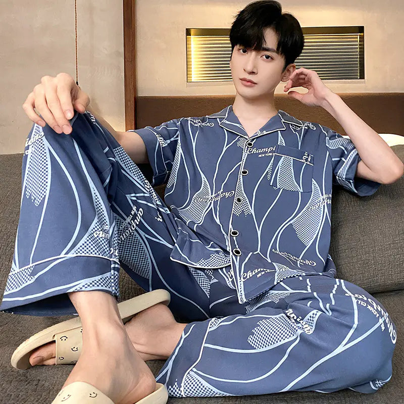 Men's Short Sleeve Pajama Set with Long Pants